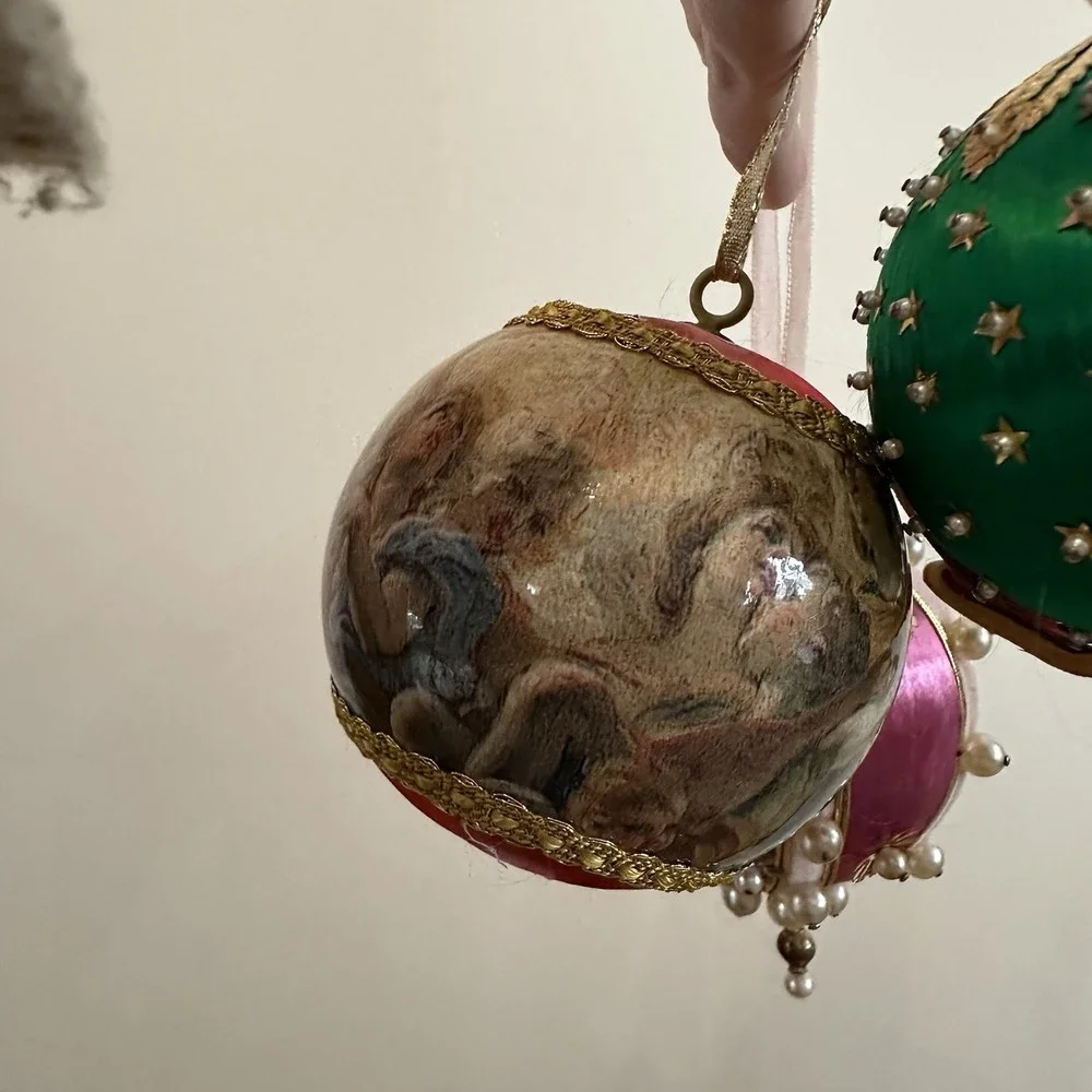 Set Of 3 Christmas Ornaments Push Pin Satin Beaded‎ Angel Pink Green 4
